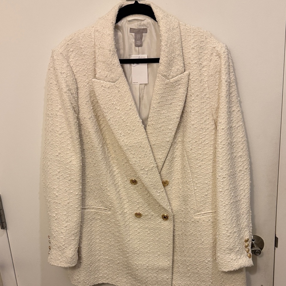 H&M Cream Textured Double-Breasted Blazer with Gold Buttons